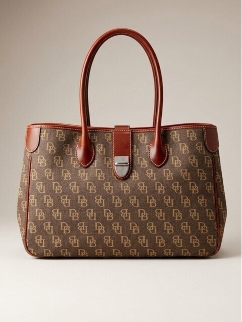 Dooney & Bourke Brown Monogram Tote Bag with Leather Trim
